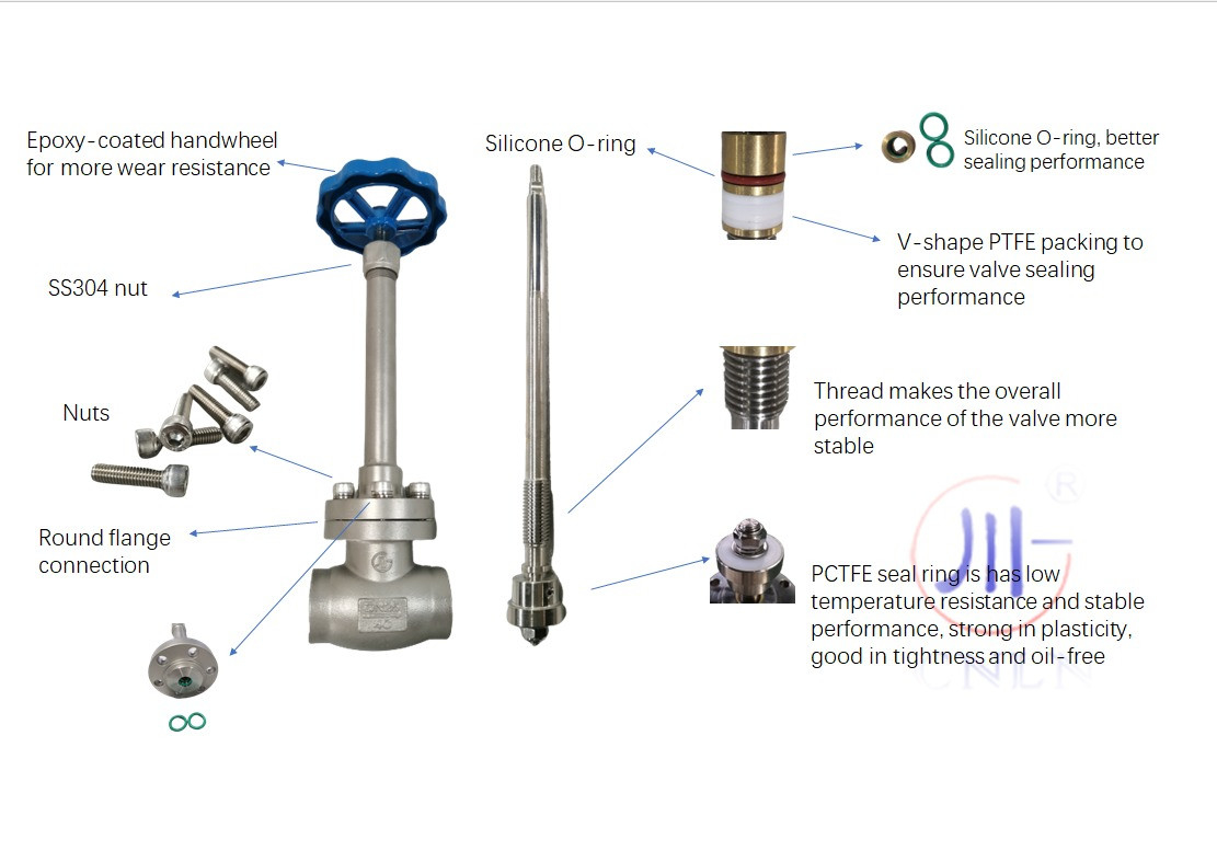 DN15 25 40 PN40 Cryogenic Globe Valve แฮนด์วิลล์สีฟ้า สําหรับ LNG LOX LIN LAR ถัง LCO2